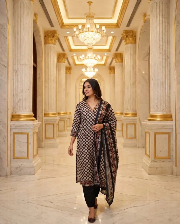 Black & Beige Ikat Print Suit Set