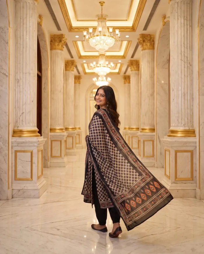 Black & Beige Ikat Print Suit Set