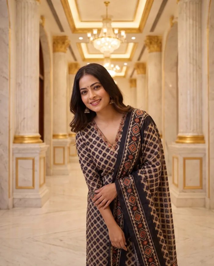 Black & Beige Ikat Print Suit Set