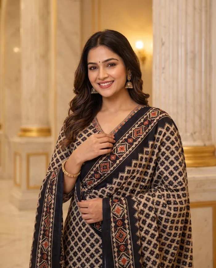 Black & Beige Ikat Print Suit Set